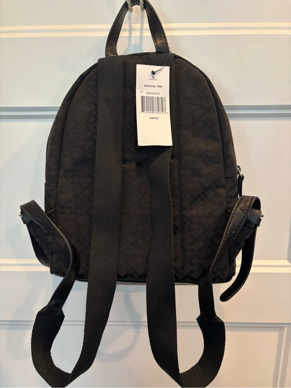 Tommy Hilfiger Black Monogram Mini Backpack with Front Zip